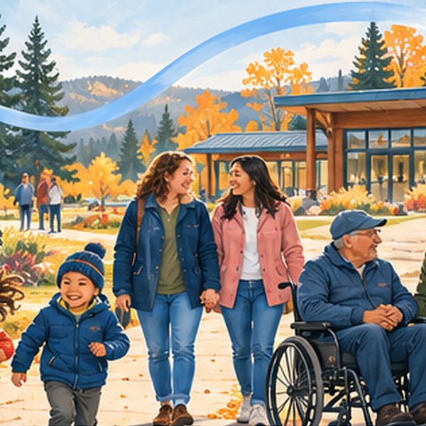 Neighbours of all ages in an autumn park, including a couple holding hands and a man in a wheelchair