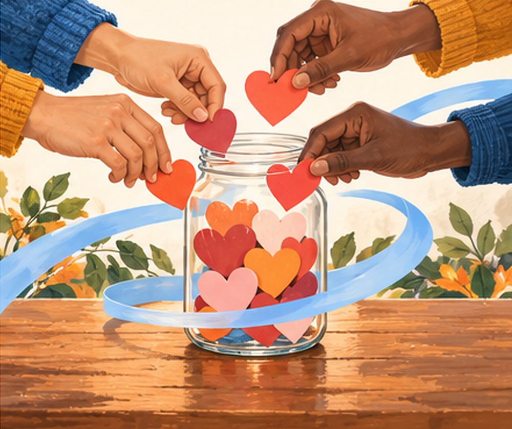 Hands of different skin tones placing paper hearts into a glass jar