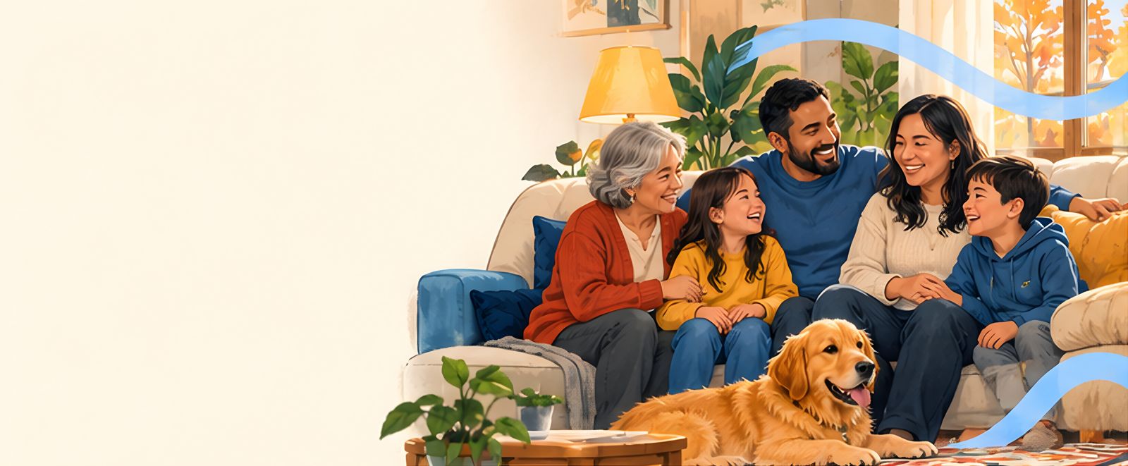 A multigenerational family laughing together on the sofa, with their golden retriever resting at their feet