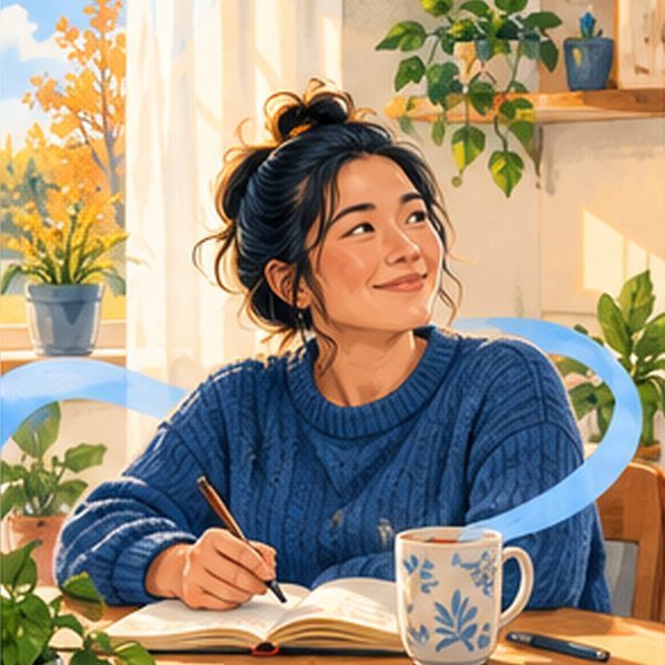 A woman smiling as she writes in a notebook at her kitchen table