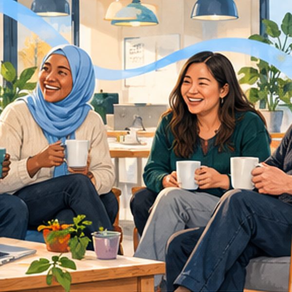 Coworkers sharing coffee and a laugh at work